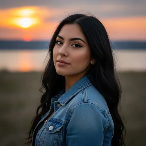 Young Hispanic Woman with Striking Features in Sunset Background
