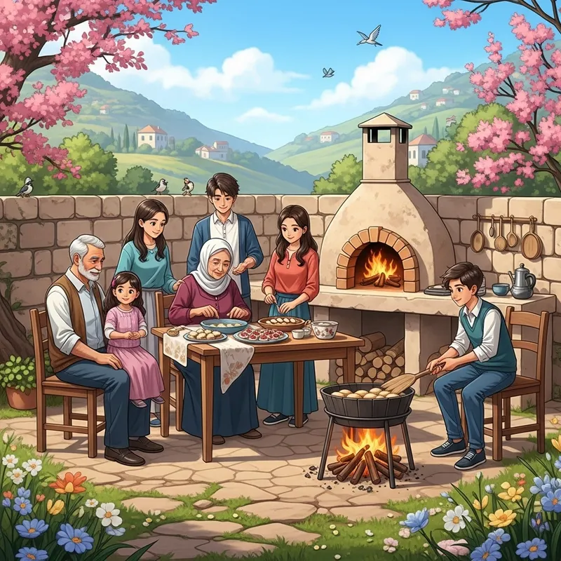 Joyful Family Gathering in Ancient Levantine Village | Festive Dessert-Making Celebration