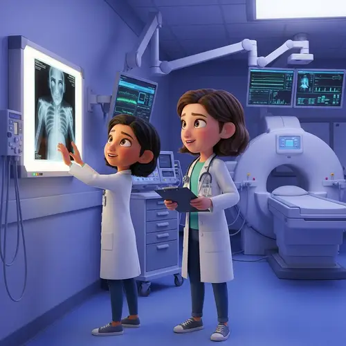 Young Girls in Doctor Lab Coats in Radiology Room - Pixar Style