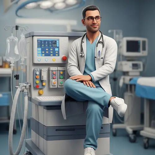 3D Illustration Middle-Eastern Man Glasses Seated on Anesthesia Machine