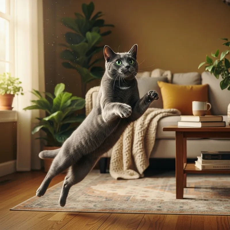 Graceful Charcoal Grey Cat in Mid-Leap | Bright Emerald Eyes