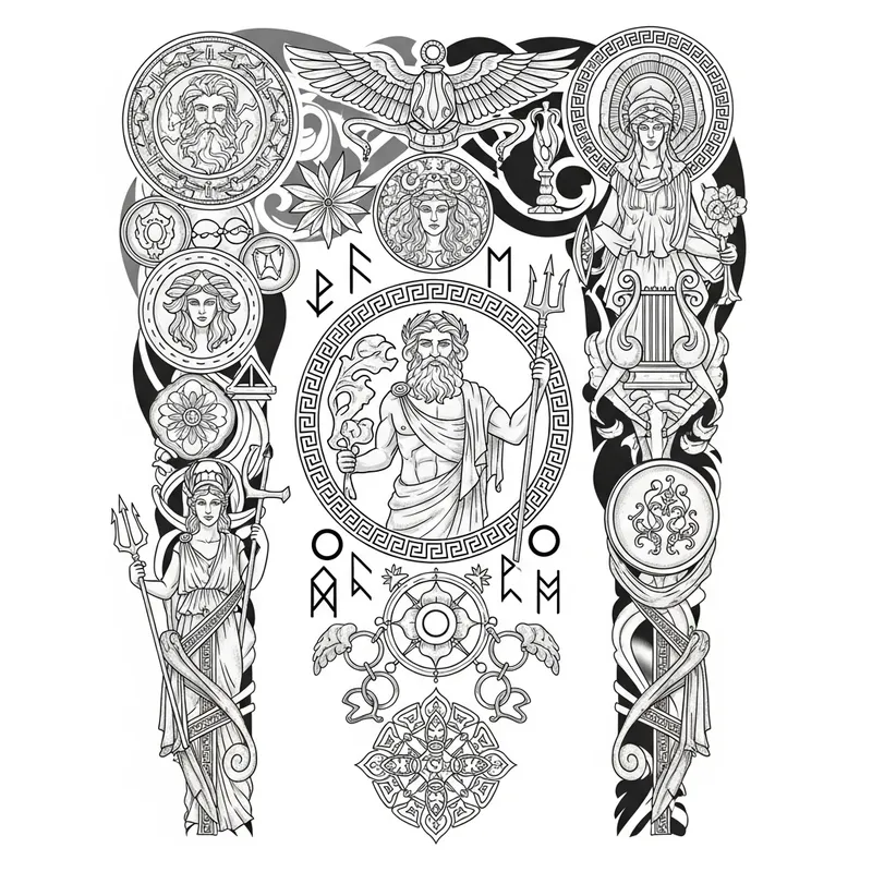 Mythological Tattoo Design with Olympian Gods and Runes Mythological Tattoo Design with Olympian Gods and Runes