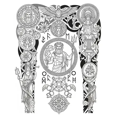 Mythological Tattoo Design with Greek Deities & Runic Symbols