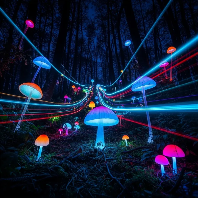 Enchanted Forest with Glowing Mushrooms | Neon Night Scene Enchanted Forest with Glowing Mushrooms | Neon Night Scene
