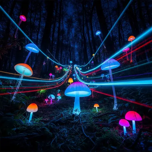 Glowing Mushrooms in Enchanted Forest | Neon Night Scene