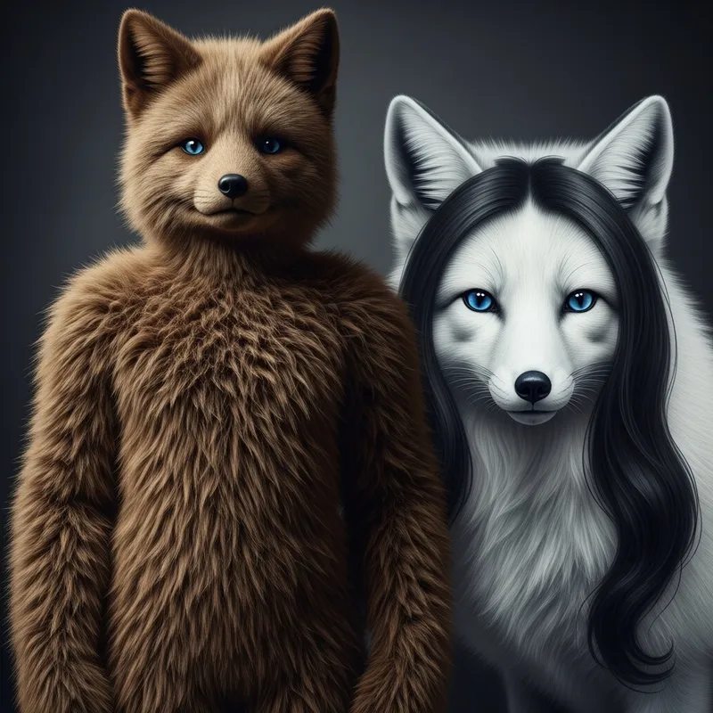 Surreal Image of Human and Fox with Fur and Blue Eyes Surreal Image of Human and Fox with Fur and Blue Eyes