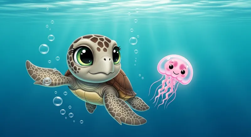 Enchanting Underwater Scene: Juvenile Sea Turtle & Pink Jellyfish
