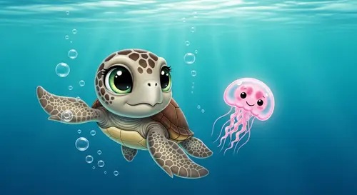 Enchanting Scene: Juvenile Sea Turtle & Pink Jellyfish