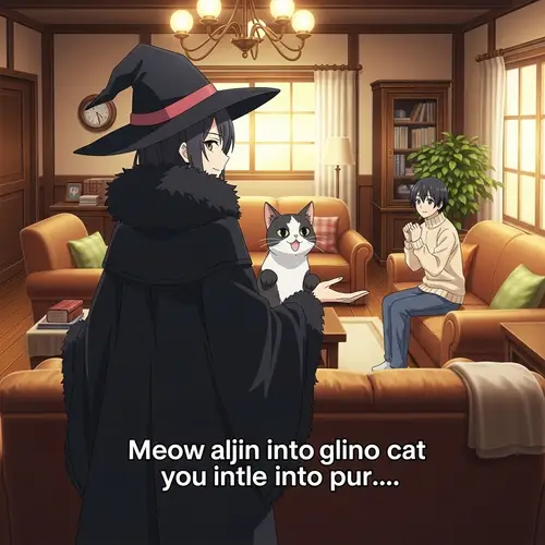 Black Fur Coat Witch Transformation Into a Cat in Cozy Living Room