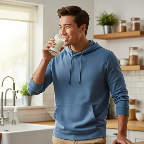 Smiling Asian Man Enjoying a Glass of Milk | Tranquil Kitchen Scene