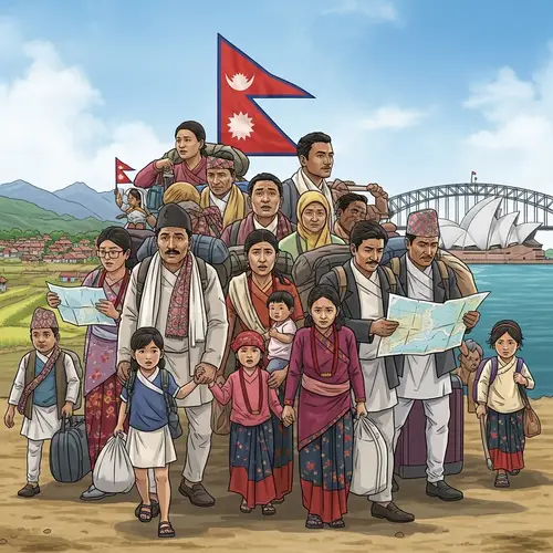 Nepalese Family Journey to Australia: Cultural Migration Illustration