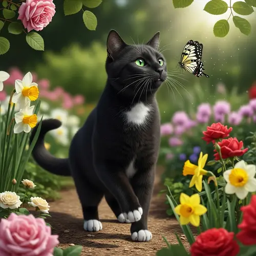 Black Domestic Shorthair Cat in Serene Garden with Flowers