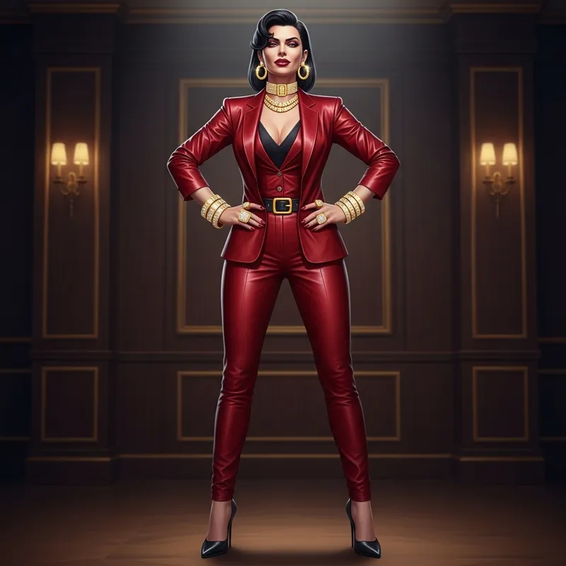 Malevolent Opulence: Wealthy White Woman in Red Leather Outfit Malevolent Opulence: Wealthy White Woman in Red Leather Outfit