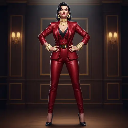 Opulent White Woman in Red Leather with Gold Jewelry