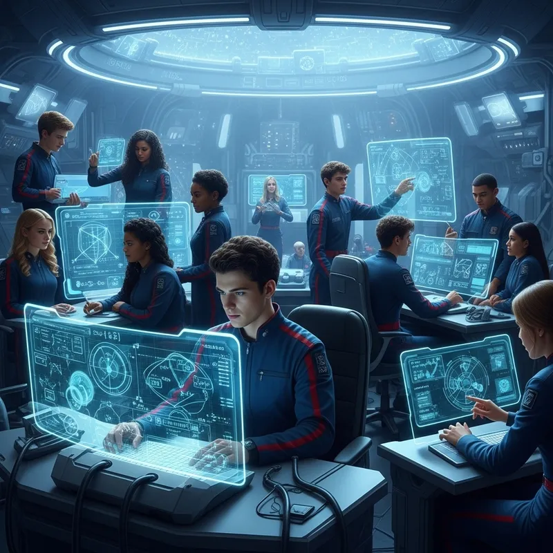 Futuristic Grade 12 Students Multicultural Scene | High-Tech Setting