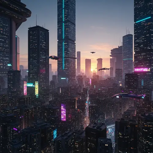 Futuristic Cityscape at Sunset | Cyberpunk Metropolis View