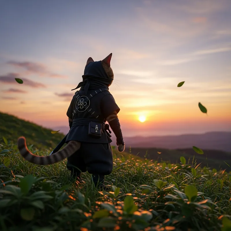 Ninja Cat at Serene Sunset View | Hyper-Realistic 16:9 Feline Art