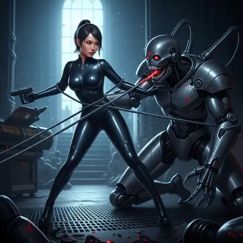 Asian Secret Agent Captured by Menacing Robot in Futuristic Cyberpunk Scene