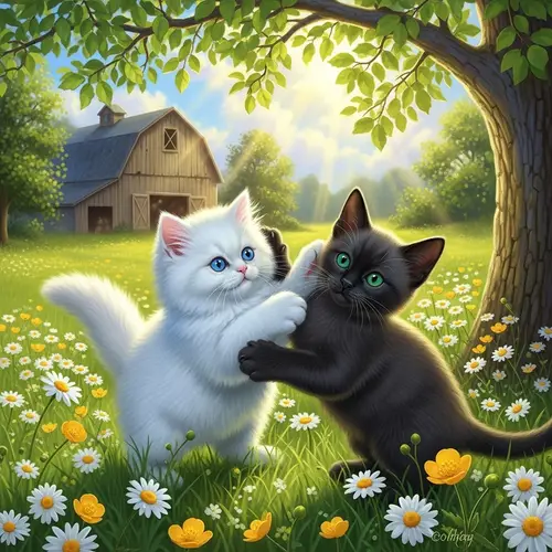 Playful White Persian and Black Siamese Kittens Frolicking in Sunny Meadow