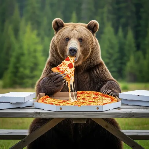 Amusing Scene of Brown Bear Indulging in Pizza Feast
