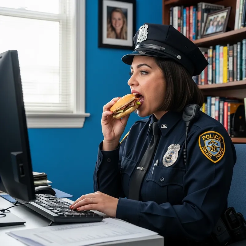 Female Officer Working on Computer with Burger in Blue Room