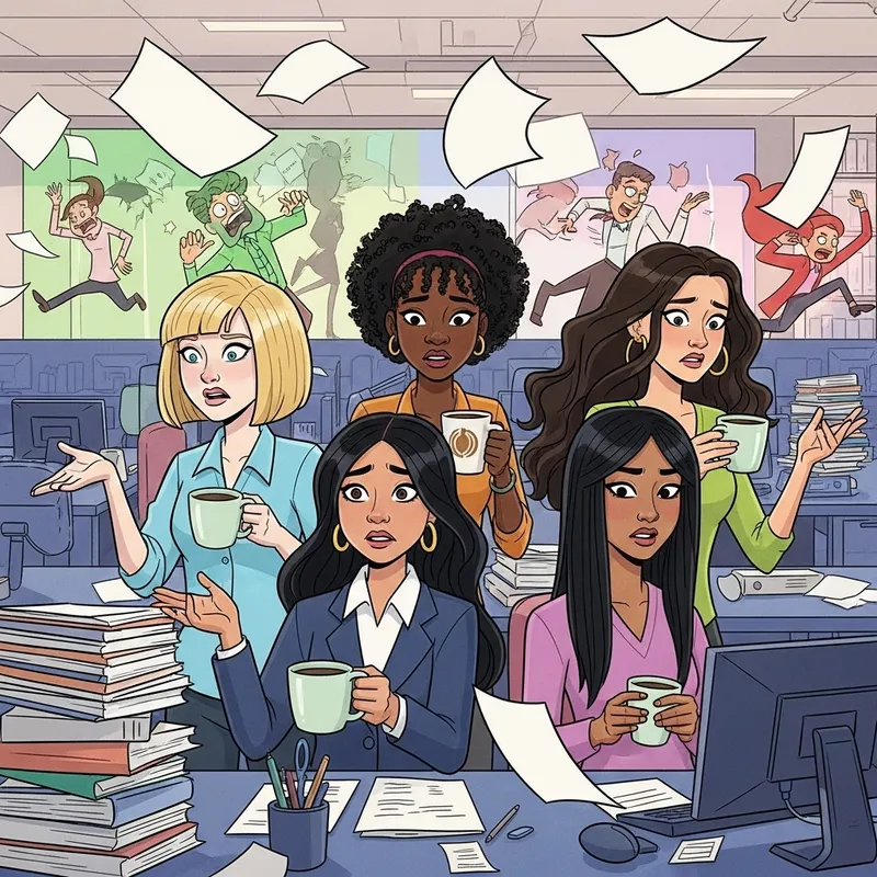 Diverse Women in Busy Office - Coffee Break Chaos