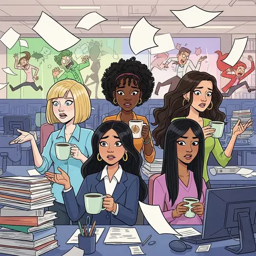 Diverse Women Drinking Coffee in Busy Office - Modern Animation Style