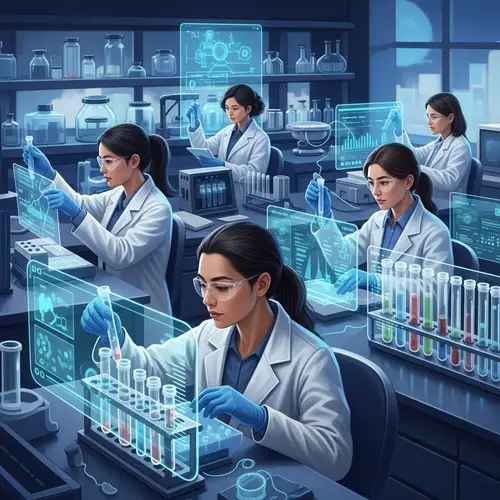Futuristic Drug Discovery Workflow in Vibrant Laboratory Scene