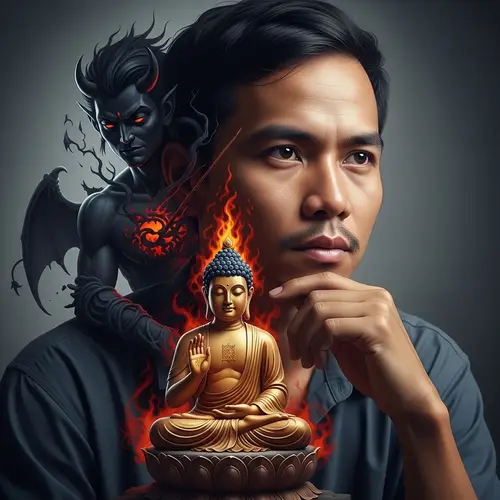 Vietnamese Man Contemplating Life with Buddha and Shadow Figure
