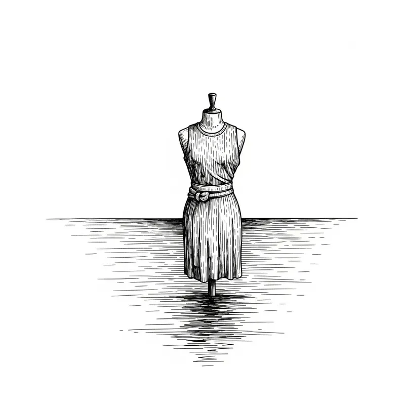 Minimalistic Pen Drawing of Mannequin by Water - Artwork in Retro-Engraving Style