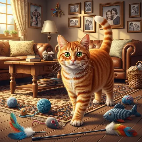 Playful Domestic Cat Illustration in Vibrant Living Room | Green-Eyed Feline