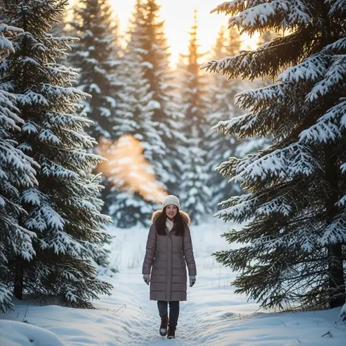 Winter Forest Walk: East Asian Woman in Padded Coat at Sunset