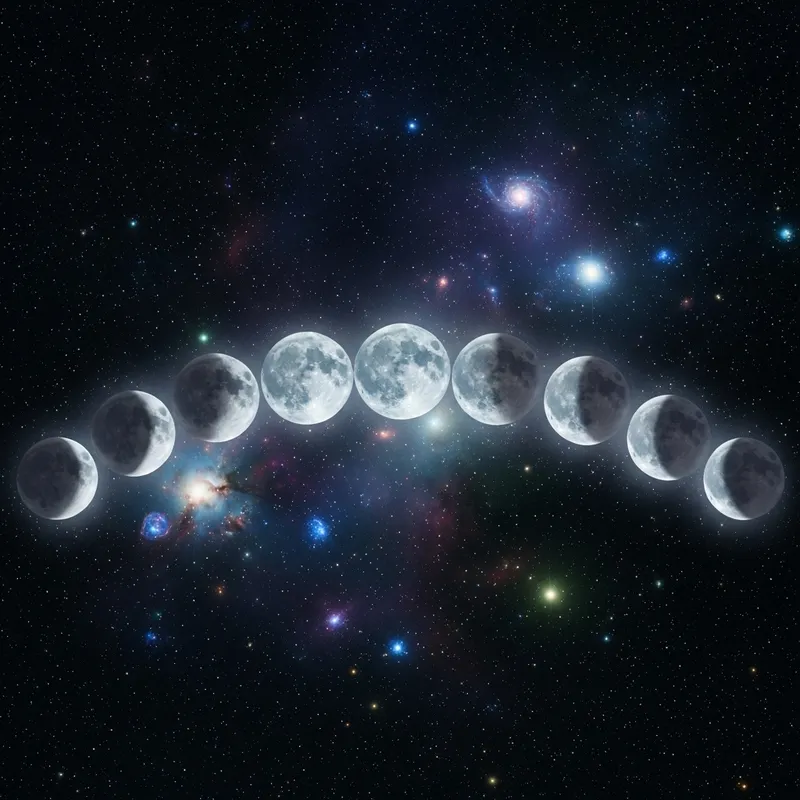 Moon Phases: Cold & Faint Colors in Vast Cosmos