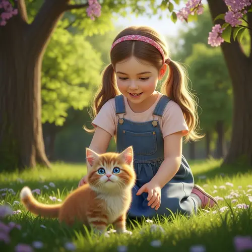 Young Girl Catching Ginger Cat in Vibrant Park