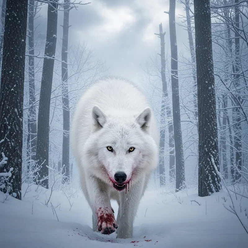 Big White Wolf in Winter Forest | Blood and Survival