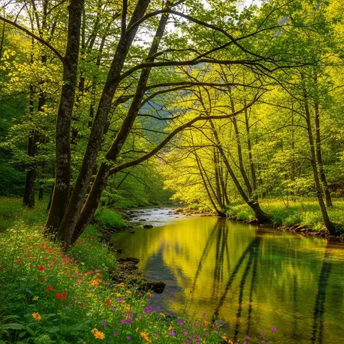 Tranquil Forest Landscape with River and Wildflowers