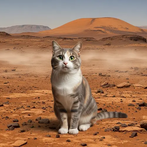Adventurous Feline on Mars Terrain - Multicolored Cat Exploring Alien Landscape