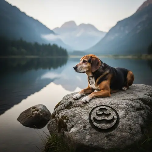 Serene Landscape with Zen Hound: Tranquil Vista at Dusk