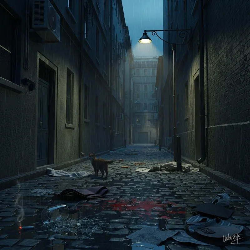 Terrifying Crime - Mysterious Night Scene in City Alley