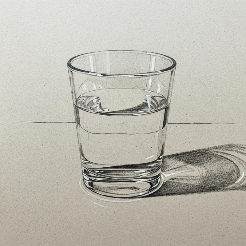 Delicate Hyperrealism: Water Glass Pencil Sketch