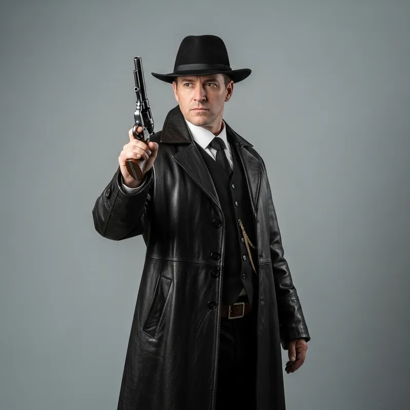Mysterious Man in Long Leather Coat with Antique Revolver Mysterious Man in Long Leather Coat with Antique Revolver