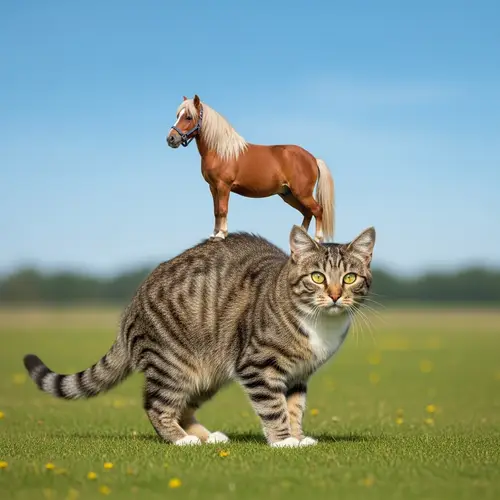 Surreal Horse Riding a Cat on Green Meadow - Unusual Companionship