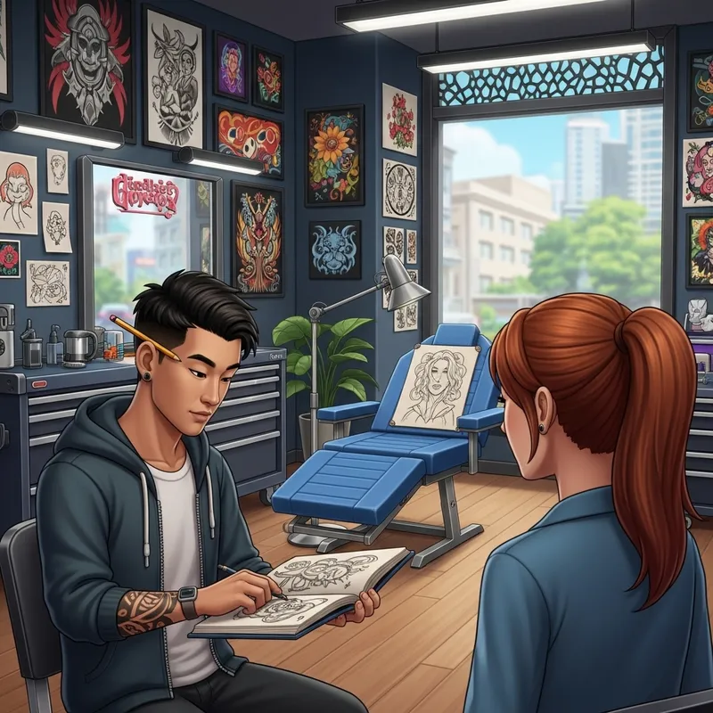 Sims 4 Inspired Tattoo Shop: Creative Asian Artist & Red-haired Customer