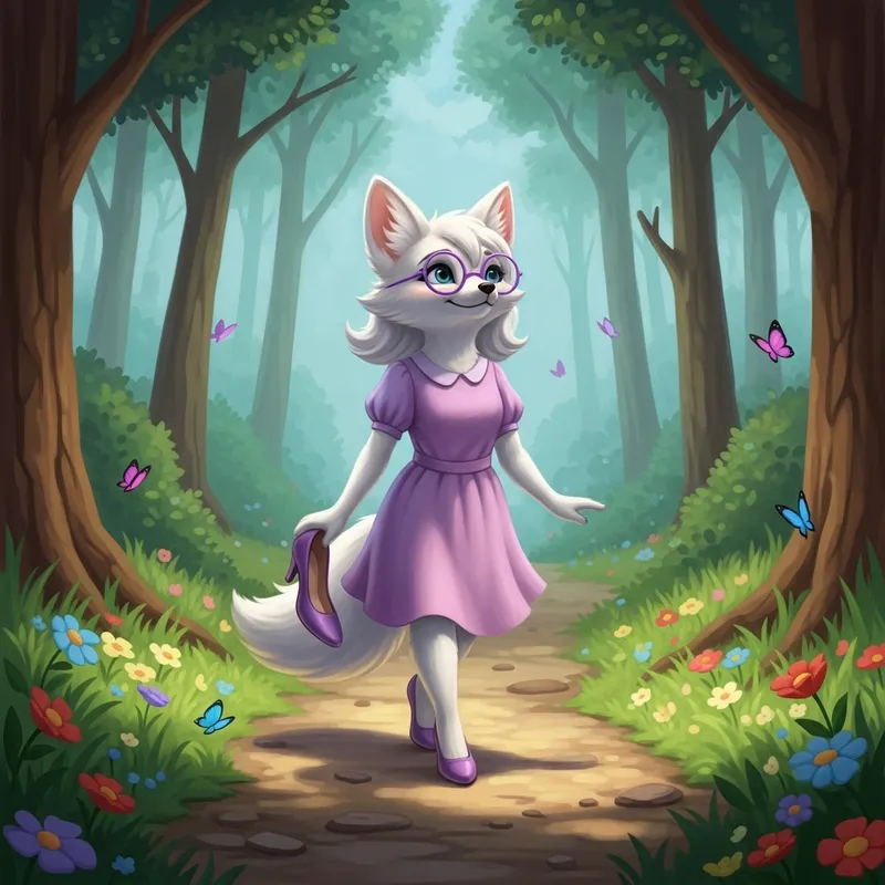 Young White Fox in Purple Dress Exploring Enchanted Woodland