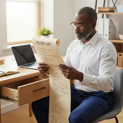 Focused Black Man at Wooden Desk Reviewing To-Do List