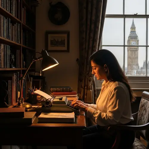 South Asian Female Screenwriter in Vintage Study Room, London