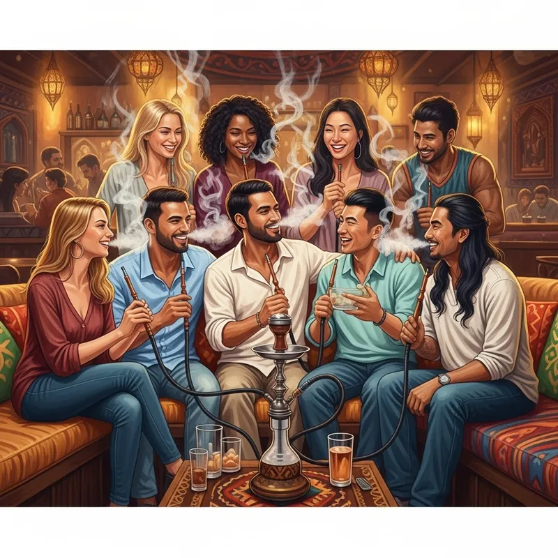 Vibrant Scene of 7 Friends in a Hookah Bar Vibrant Scene of 7 Friends in a Hookah Bar