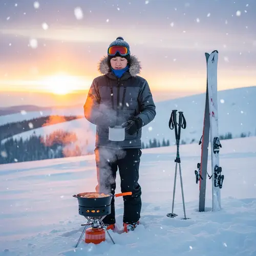 Mountain Cooking: East Asian Man Prepares Food in Winter Setting