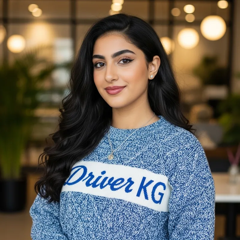 Middle-Eastern Girl in Blue White Driver KG Sweater