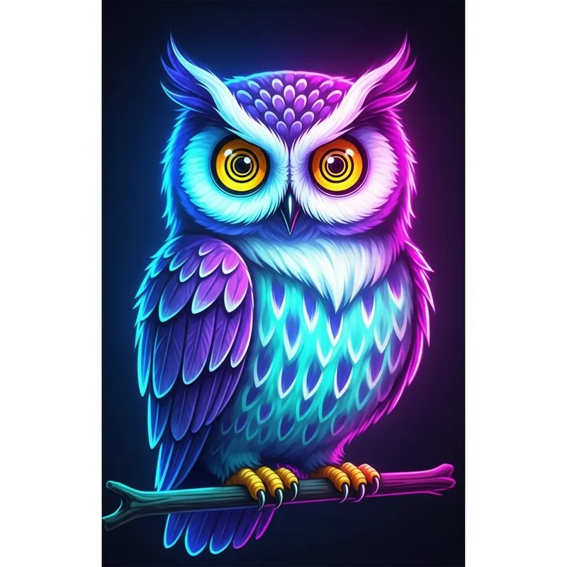 Funny Neon Owl with Spiral Eyes in Anime Style